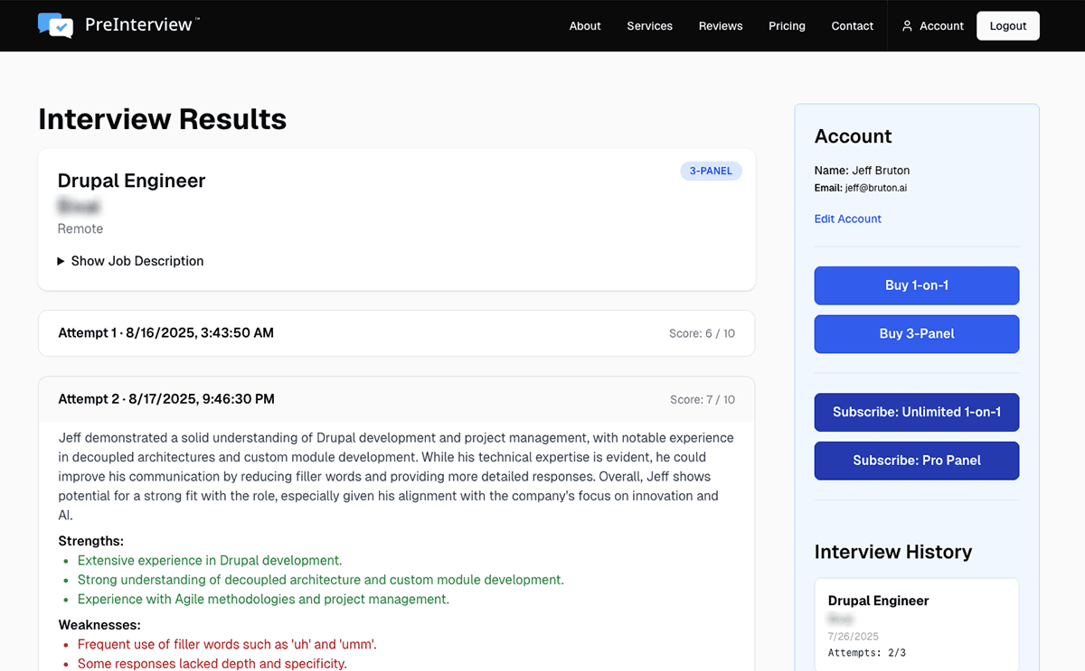 Results and feedback screen